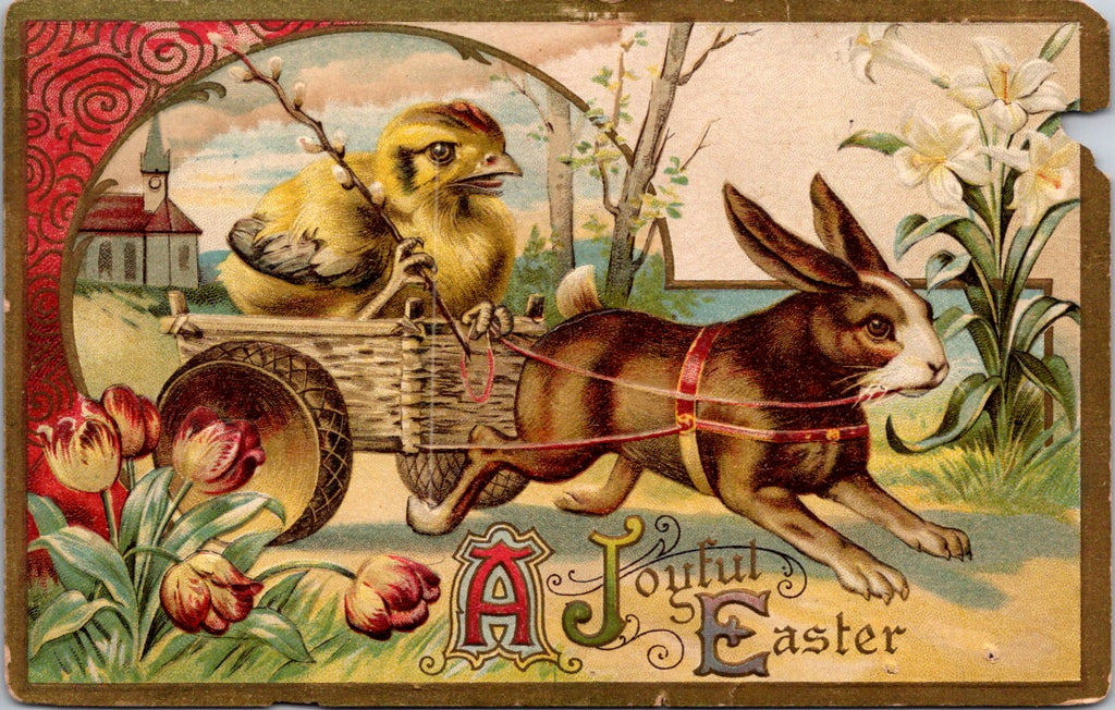 Easter - Anthropomorphic chick driving cart pulled by rabbit postcard - CP0792