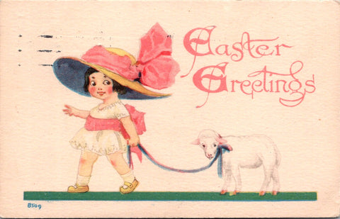Easter - Girl in huge hat with lamb on a ribbon leash postcard - CP0796