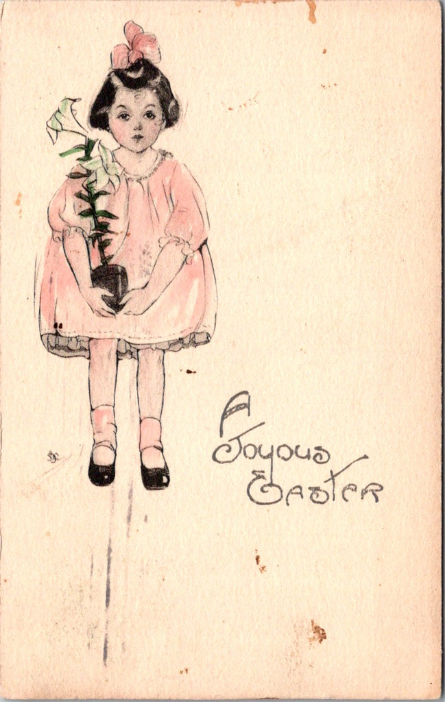 Easter - Young girl, pink dress holding a Lily in a pot postcard - CP0798