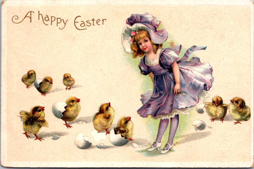 Easter - Young girl in frilly purple clothes, with chicks postcard - CP0799