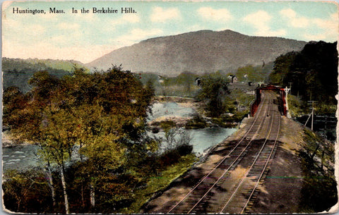 MA, Huntington - double railroad tracks, bridge, bldgs in Berkshire Hills postca