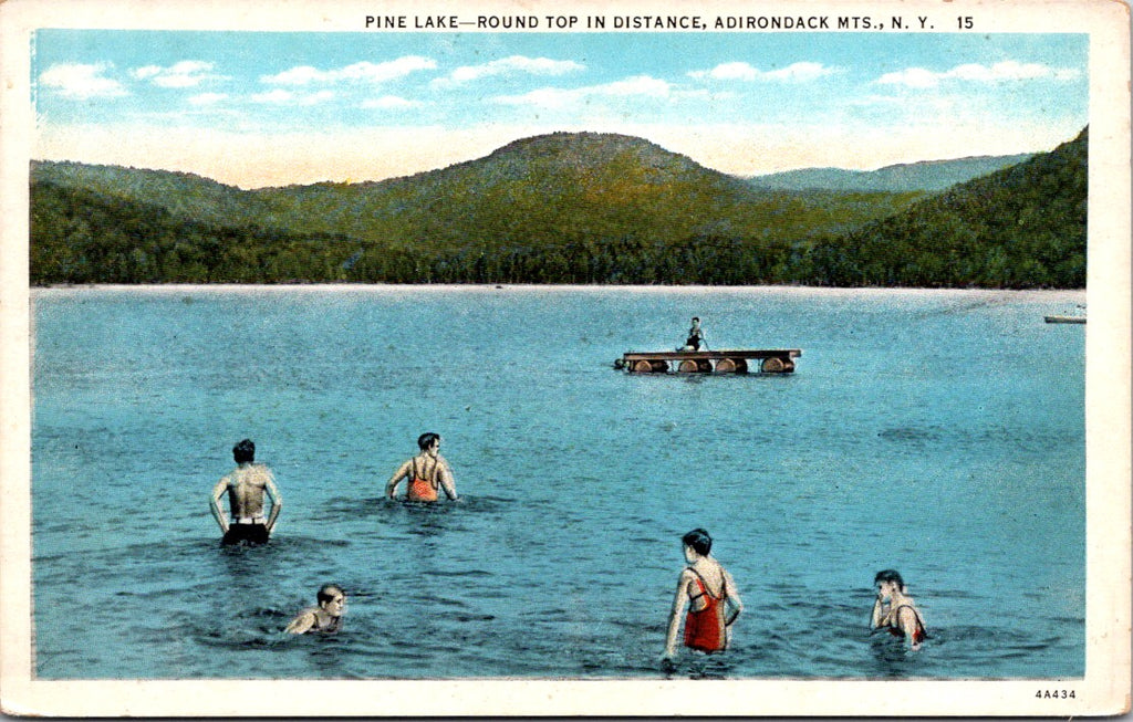 NY, PINE LAKE - people swimming, floating dock - vintage postcard - CR0259