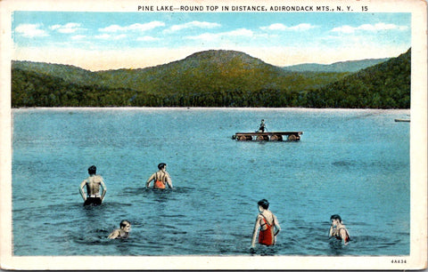 NY, PINE LAKE - people swimming, floating dock - vintage postcard - CR0259