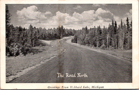 MI, HUBBARD LAKE- Greetings from, showing the road North postcard - CR0435