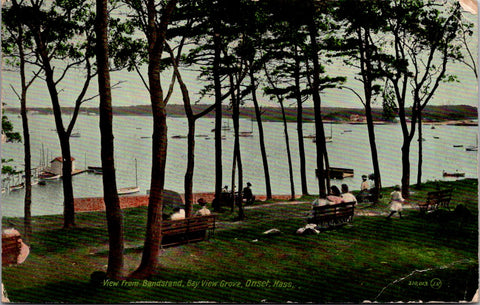MA, Onset - Bay View Grove view from bandstand, people, dock postcard - CR0650