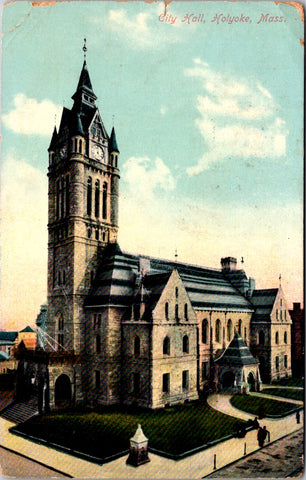 MA, HOLYOKE - City Hall - 1909 flag cancel on postcard - D07132