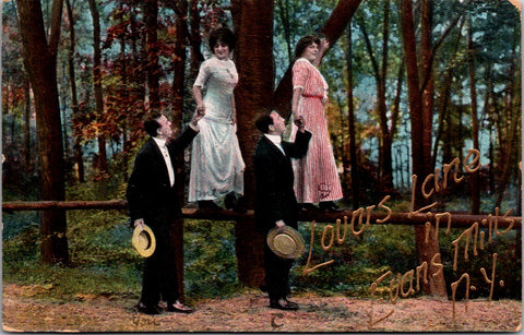 NY, EVANS MILLS - Lovers Lane - ladies on rail holding man's hand postcard - D17164