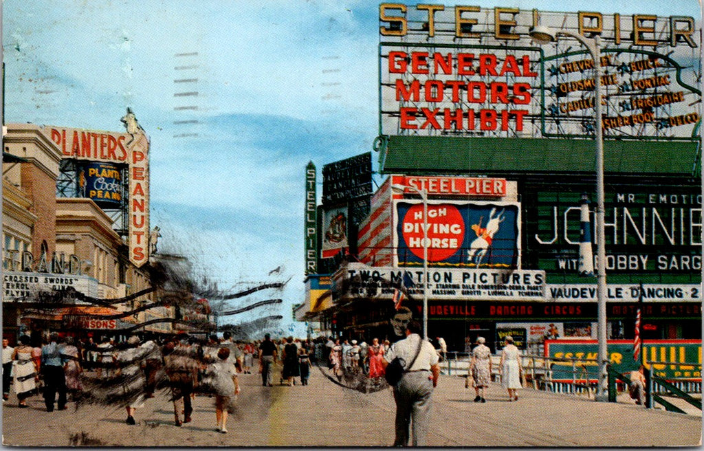 NJ, ATLANTIC CITY - 10 Mile Boardwalk, lots of signs - 1955 postcard - DG0263