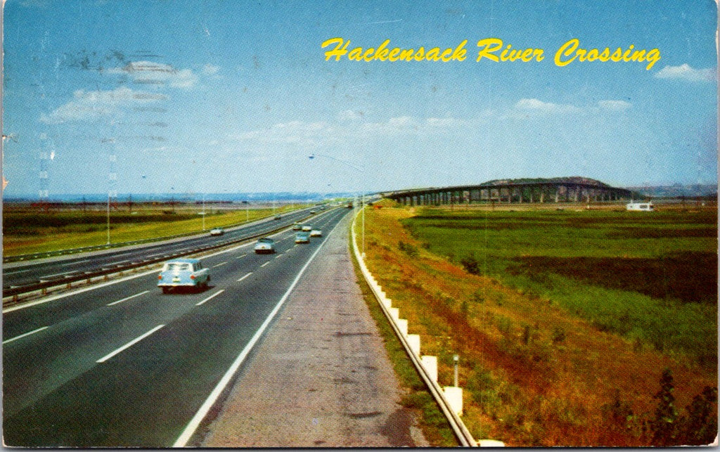 NJ, HACKENSACK  - NJ Turnpike approaching river crossing - 1957 postcard - DG0270