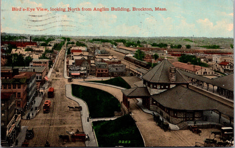 MA, Brockton - Bird eye train depot, buildings - some with signs postcard - E090