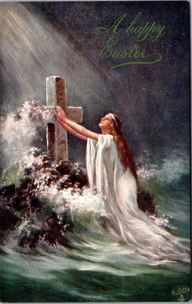 Easter - Woman kneeling in sea before cross - Tuck postcard - E10257