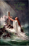 Easter - Woman kneeling in sea before cross - Tuck postcard - E10257