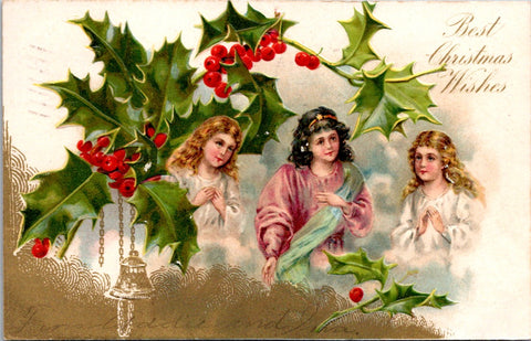 Xmas -  Best Christmas Wishes - 3 angels, one in pink/purple postcard