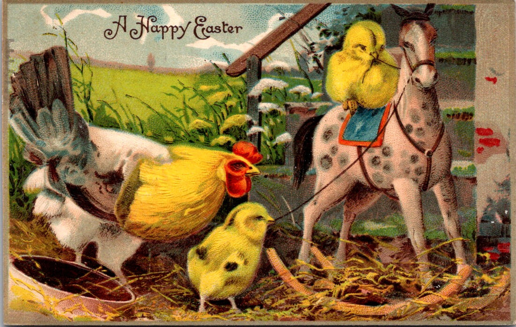 Easter - Anthropomorphic chick riding a toy rocking horse postcard - E10329