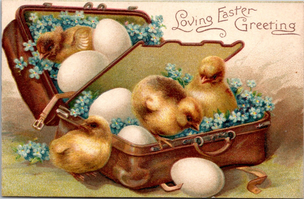 Easter - chicks & eggs in an open antique suitcase postcard - E10330