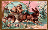 Easter - Anthropomorphic chick driving cart pulled by rabbit postcard - E10332