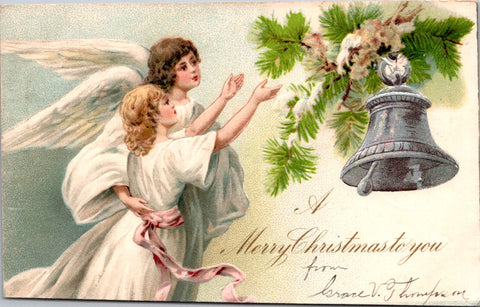 Xmas -  A Merry Christmas to you - Angel, young girl, large silver bell postcard