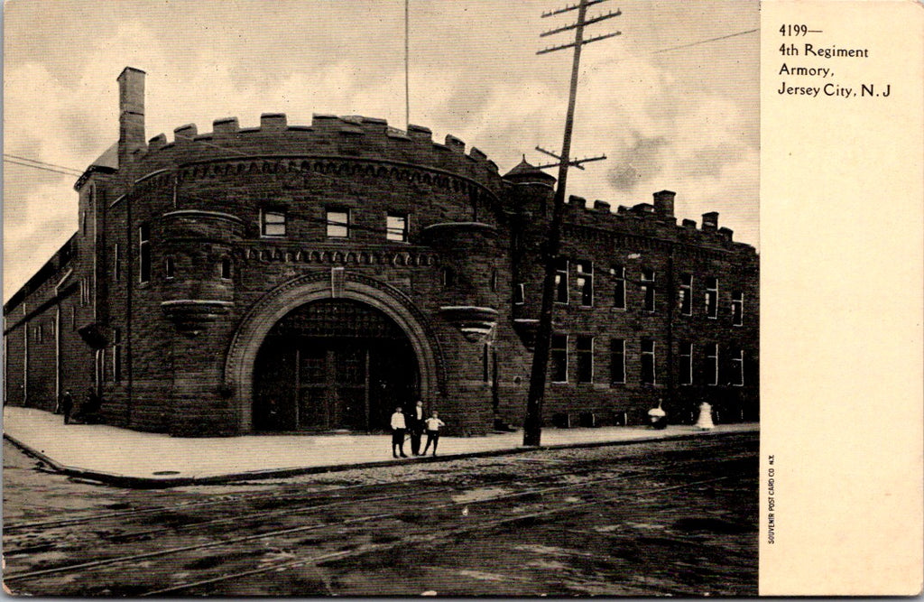NJ, JERSEY CITY - 4th Regiment Armory with boys out front postcard - E23015