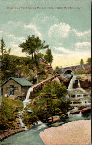 NY, Catskill Mountains - Shady Glen Wood Turning Mill, Falls, man - E23027