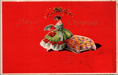 Xmas - Merrie Christmas - Pretty lady with fan - L & E #7038 postcard
