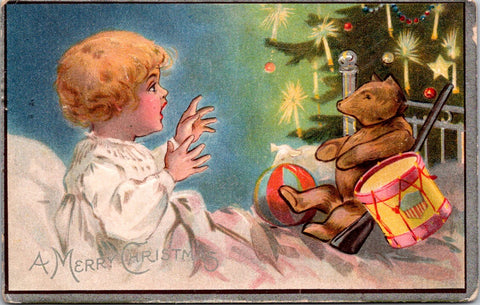 Xmas - A Merry Christmas - child in bed with a teddy bear, drum, ball, toy rifle postcard