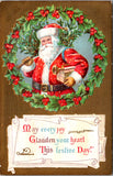 Xmas - Santa Claus carrying a tree, present and horn postcard