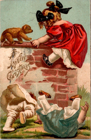 Xmas - A Joyful Christmas - 2 kids that fell and one on wall facing a teddy bear postcard