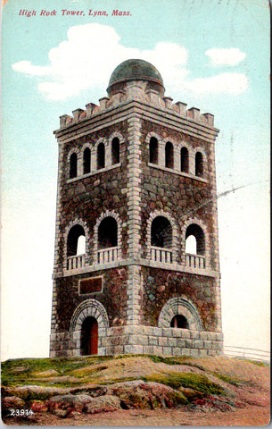MA, Lynn - High Rock Tower - 1909 Wakefield Flag killer strike postcard - E23150