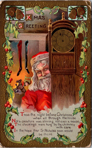 Xmas - Santa peeking devilishly from behind a grandfather clock - Holiday Series