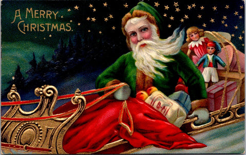 Xmas - Santa Claus in his gold sleigh wearing Green suit while under red blanket postcard