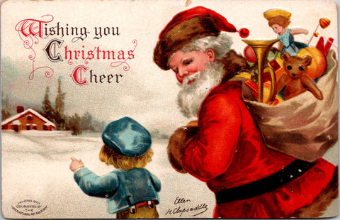Xmas - Santa Claus walking with boy - Ellen H Clapsaddle postcard