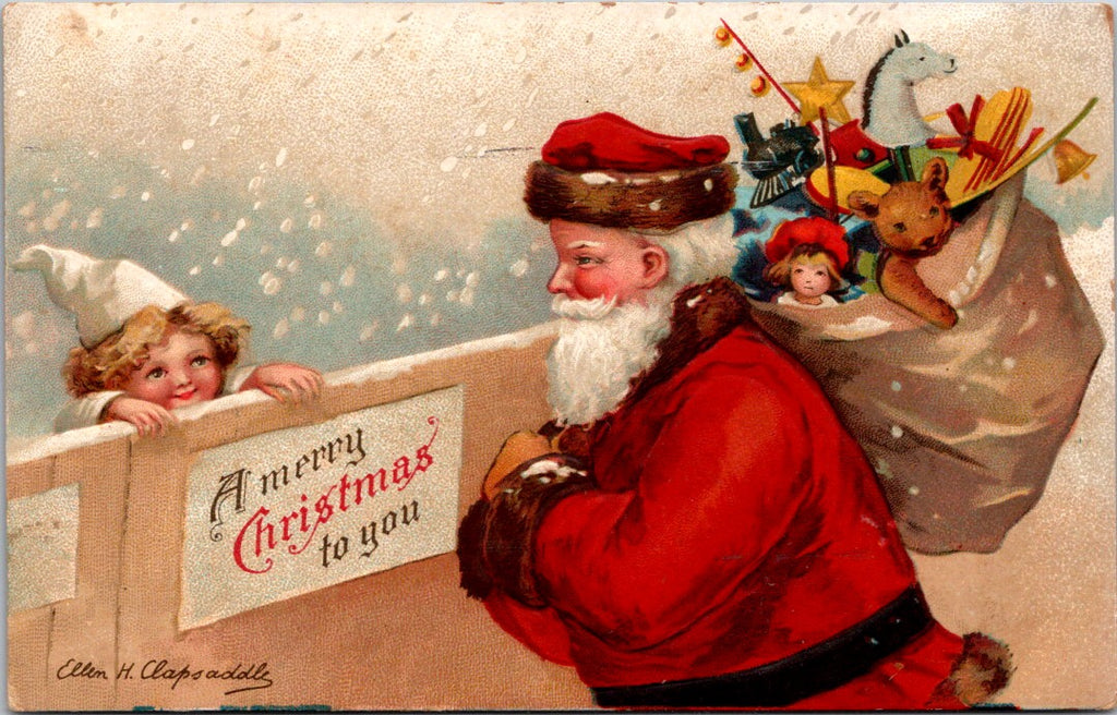 Xmas - Santa Claus talking with boy over fence - Ellen H Clapsaddle postcard