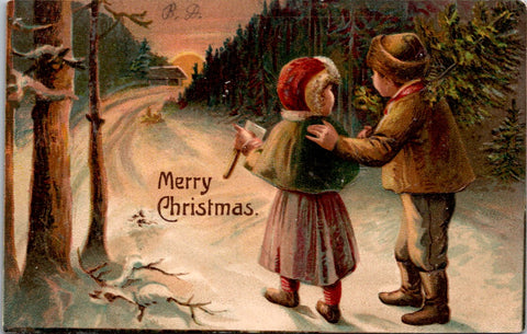 Xmas - Merry Christmas - Boy, girl with hatchet after cutting tree postcard
