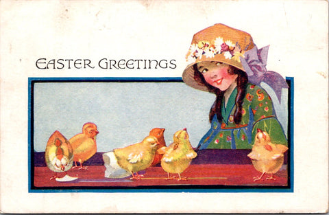 Easter - Female in ringlets with baby chicks postcard - E23171