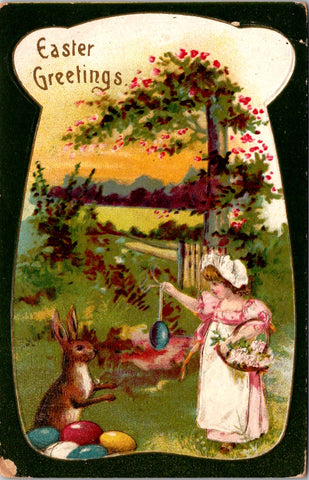 Easter - girl in long pink dress playing with rabbit postcard - E23172