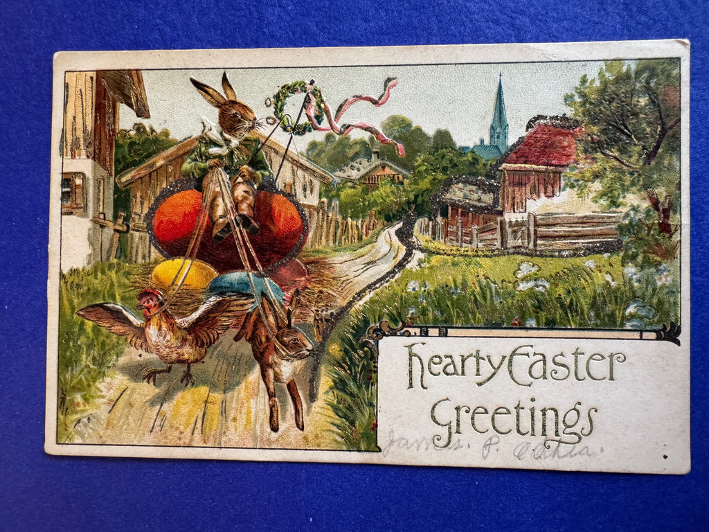 Easter - Anthropomorphic rabbit coachman, hen & rabbit pulling postcard - E23173