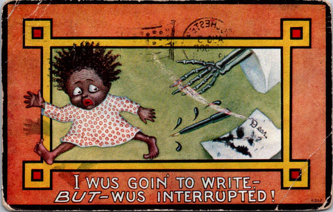 Black Americana - African American child, skeleton hand, ink pen postcard  - E23178