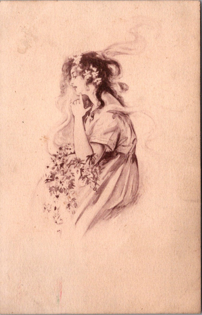 People - Female postcard - Woman sitting as if in smoke - E23264