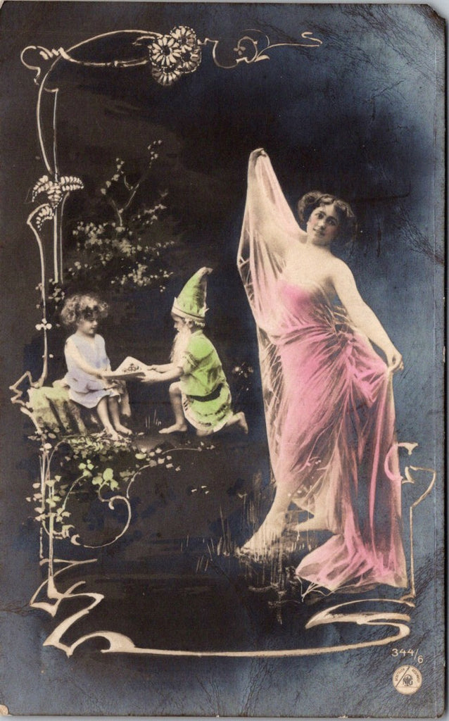 Greetings - Misc - Fantasy Boy elf, girl w/book, lady w/veils RPPC - E23268