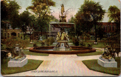 IL, ROCK ISLAND - Spencer Square, lions, fountain, sign on bldg postcard - E2330