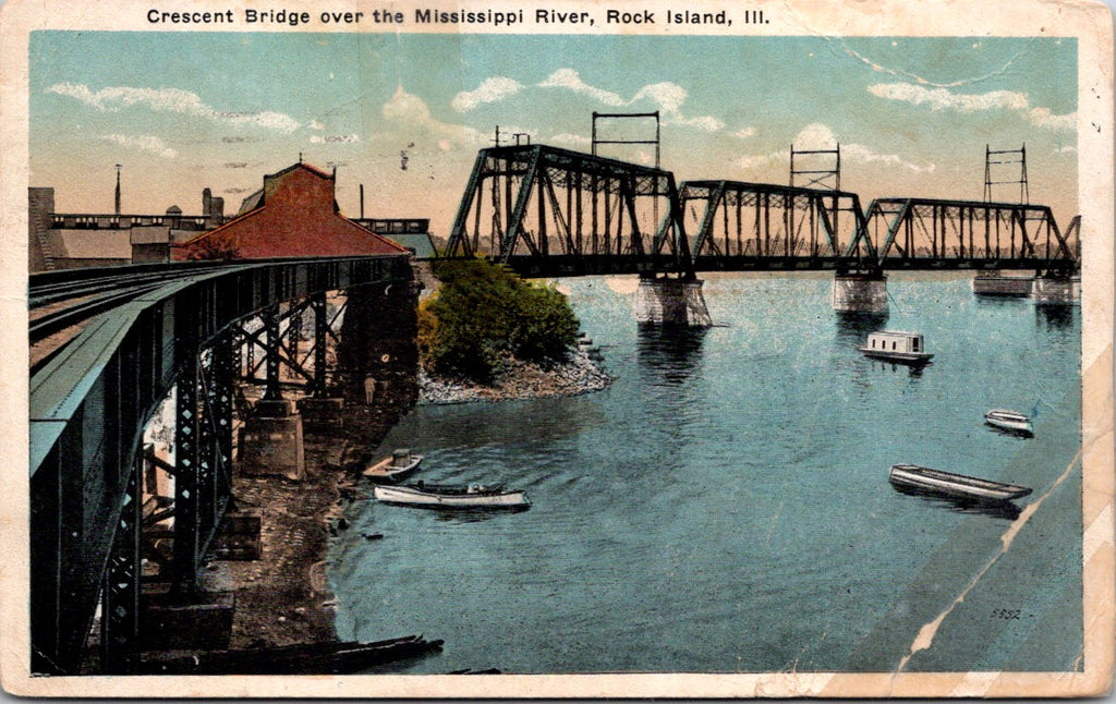 IL, Rock Island Illinois - Crescent Bridge close up, and below postcard