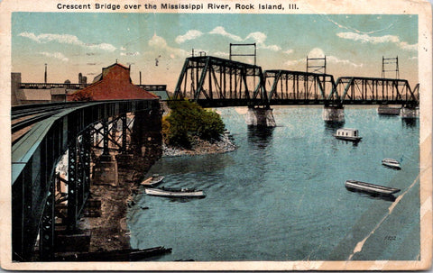 IL, Rock Island Illinois - Crescent Bridge close up, and below postcard