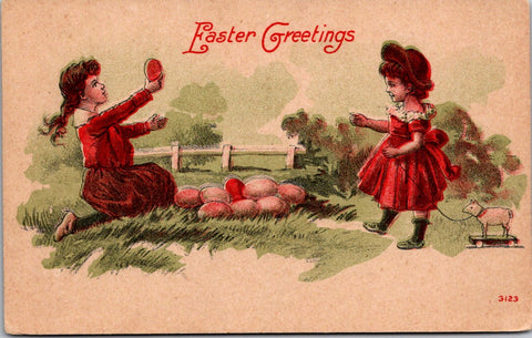 Easter - girls, one with a pull toy - Easter Greetings postcard - E23417