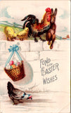Easter - rooster cuddling a rabbit sitting on wall postcard - E23425