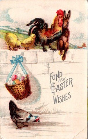 Easter - rooster cuddling a rabbit sitting on wall postcard - E23425
