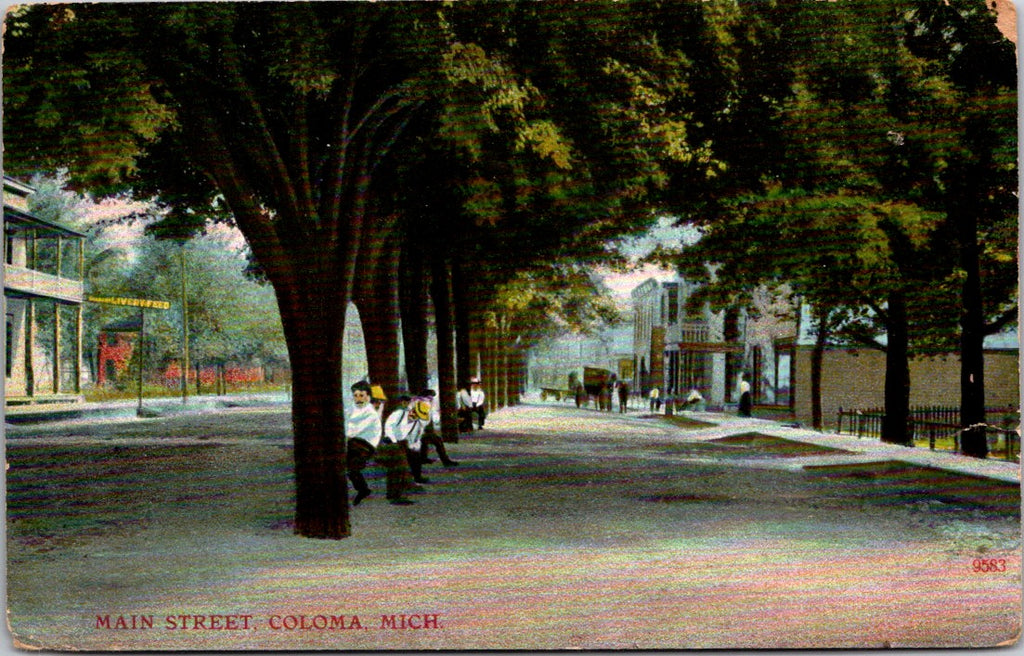 MI, COLOMA - Main St - men under trees - Livery Feed sign postcard - E23462