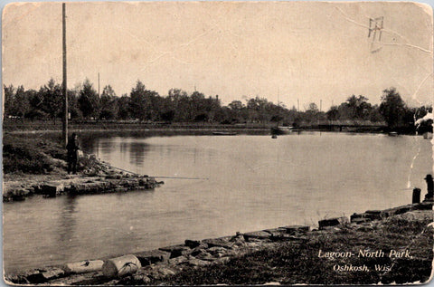 WI, Oshkosh - North Park Lagoon - guys fishing - 1908 postcard - E23524