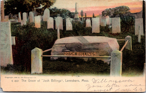 MA, LANESBORO - Josh Billings grave, others in cemetery - 1909 postcard - E23552