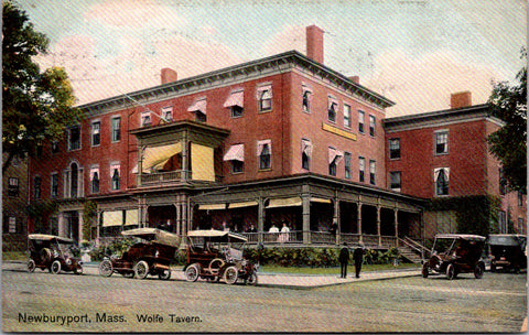 MA, Newburyport - Wolfe Tavern, cars, people - 1908 postcard - E23556