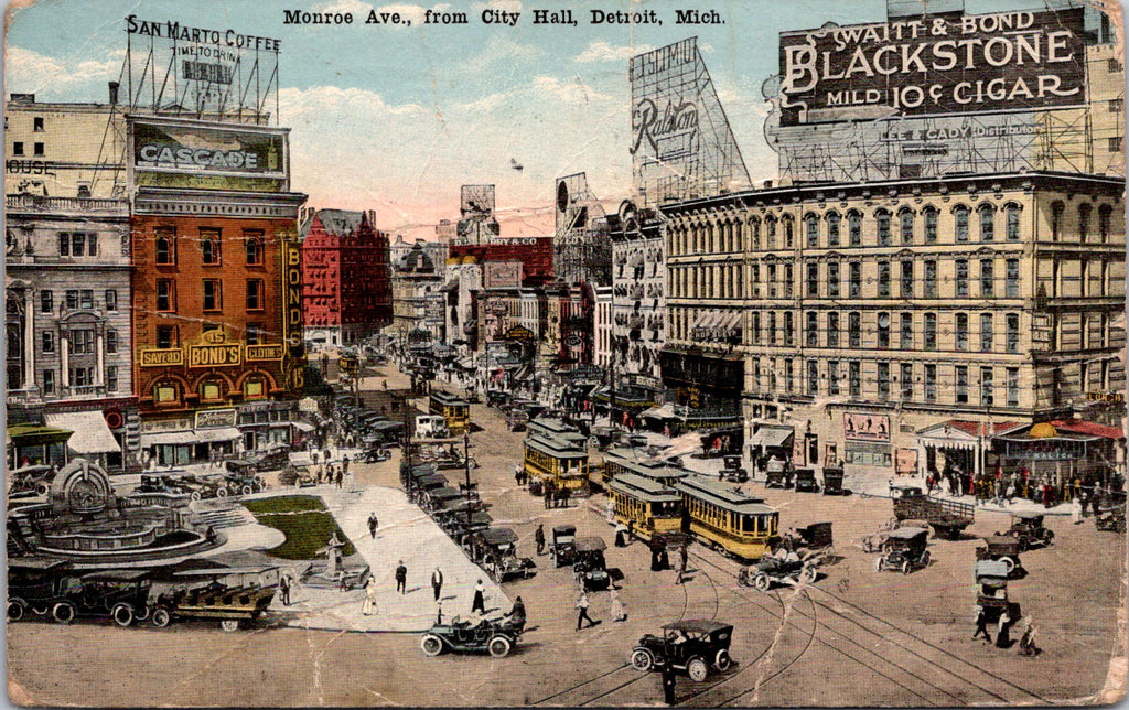 MI, DETROIT - Monroe Ave, San Marto Coffee, Blackstone 10 cent cigar postcard -